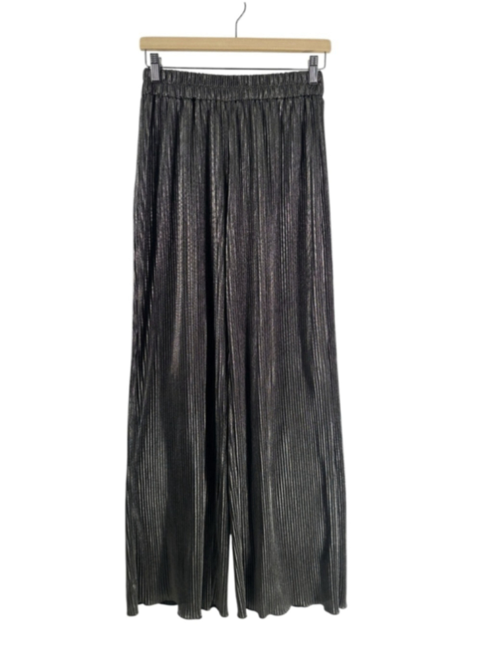 Zara Silver Metallic Plissé Wide Leg Pants Pull On Elastic Waist Pleated sz sm